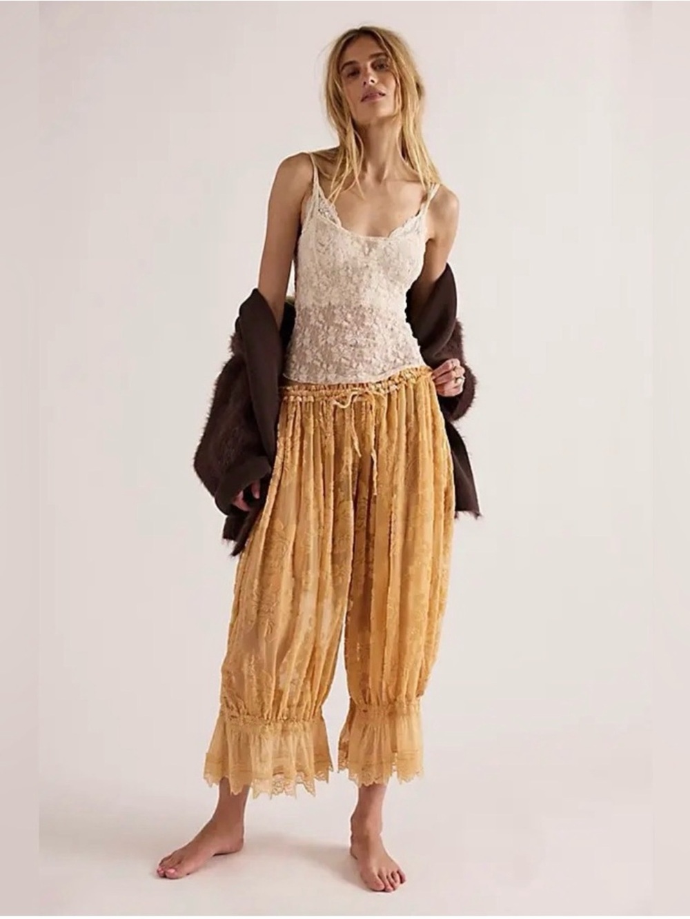 Free People Golden Lace Crop Pants - Mustard
